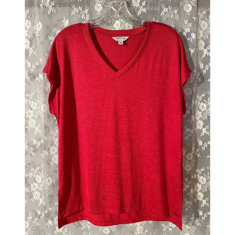 Orvis Red V Neck Knit Top Womens Size Small Relaxed Fit Short Sleeve Casual